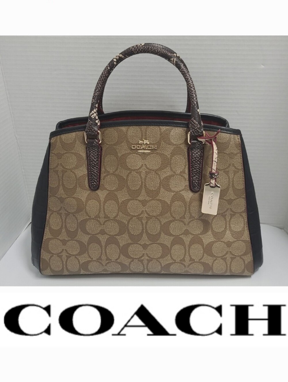 Coach Margot Carryall Satchel Tan Signature Canvas & Blk Snake Embossed Leather